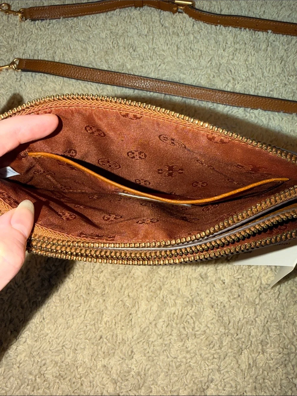 Tory Burch Blake Double Zip Slim Crossbody bag in a brown pebbled leather